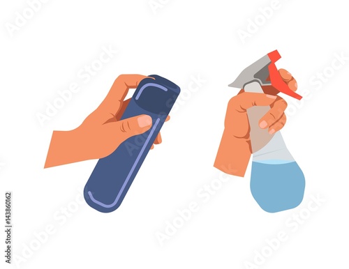 Hands holding bottle sprays for cleaning on white