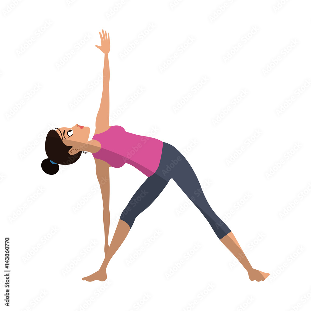 girl doing yoga with extended triangle pose, cartoon icon over white
