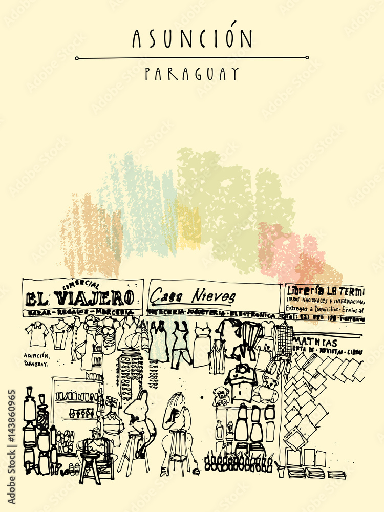Shopping area at Asuncion, capital of Paraguay. Bus station travel and souvenir shops. Travel hand-drawn postcard