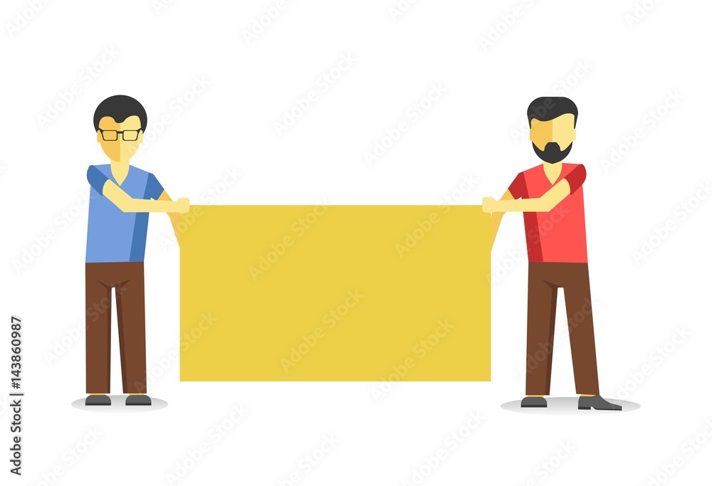 Obraz premium Two men standing with striking empty banner isolated on white.
