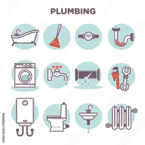 Plumbing template with flat icons set on white