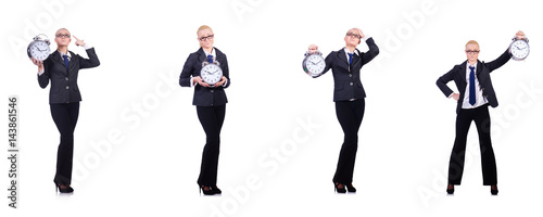 Woman with giant clock on white