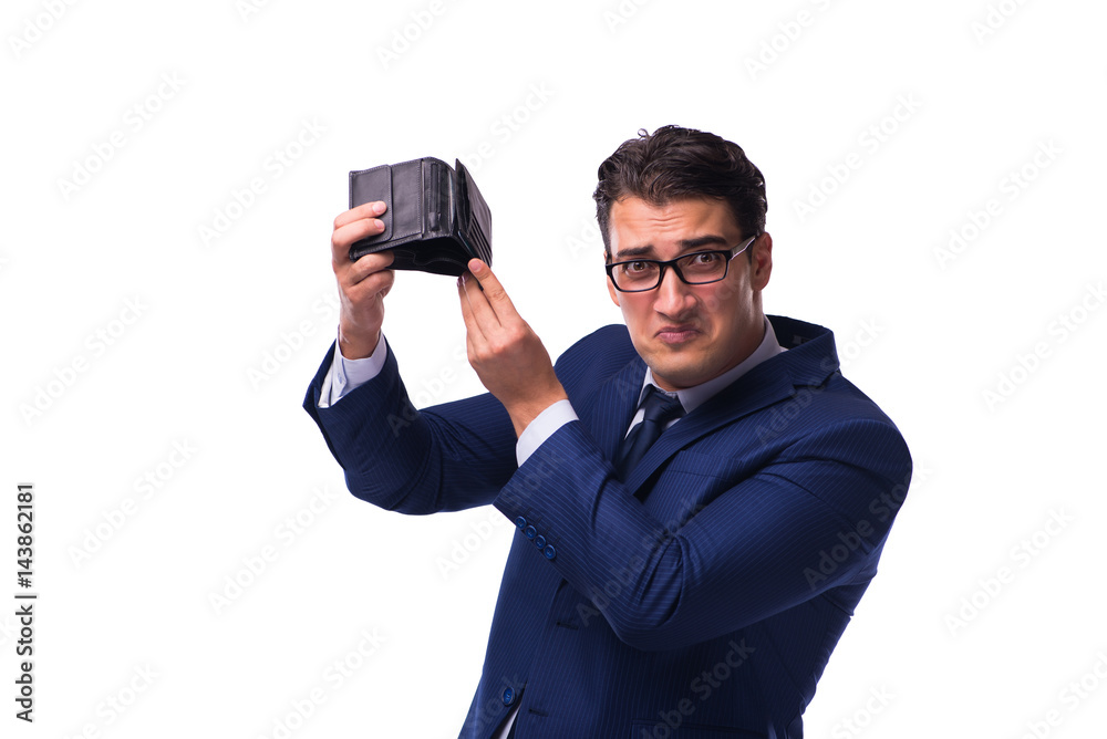 Bankrupt broke businessman with empty wallet on white background Bankrupt broke businessman with empty wallet on white background