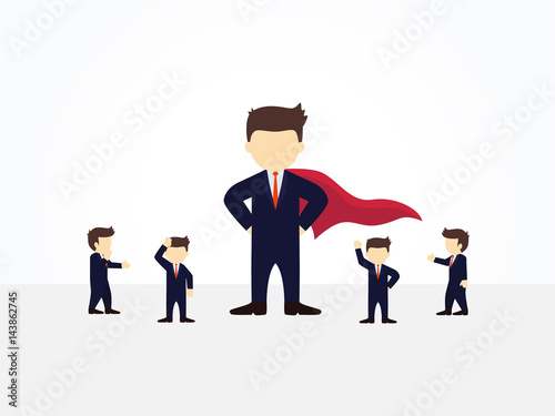Cartoon working little people with big superhero. Vector illustration for business design and infographic.