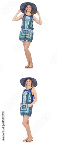 Collage of woman in blue dress and panama on white