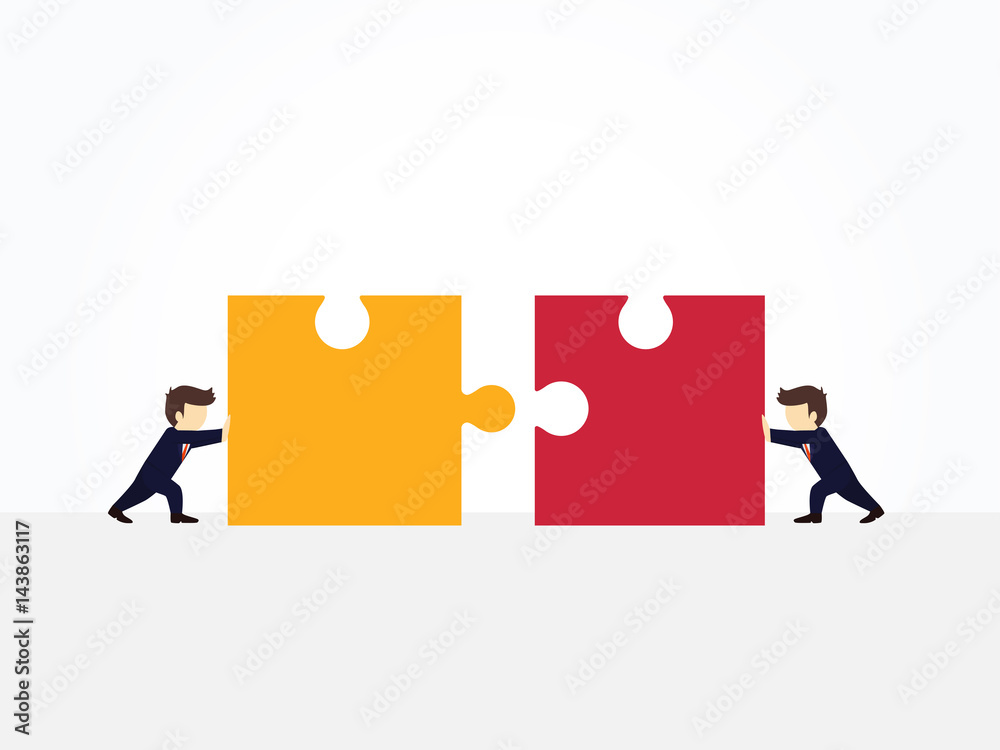 Cartoon working little people pushing huge pieces of one puzzle towards each other. Vector illustration for business design and infographic. Cartoon working little people pushing huge pieces of one puzzle towards each other. Vector illustration for business design and infographic.