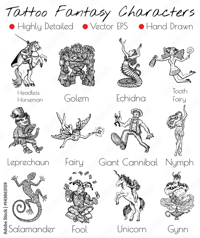 Tattoo set with hand drawn fantasy characters like Fairy, Unicorn, etc. Vector illustration Tattoo set with hand drawn fantasy characters like Fairy, Unicorn, etc. Vector illustration