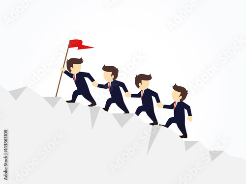 Cartoon working little people trying to climb up mountain holding each others hands. Vector illustration for business design and infographic.