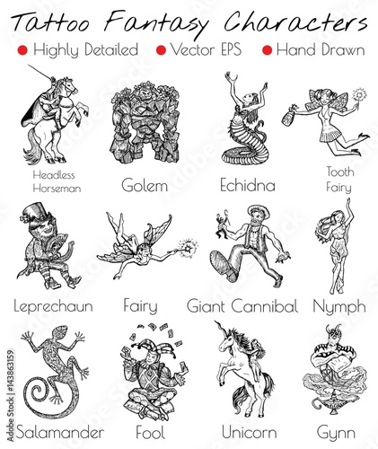 Tattoo set with hand drawn fantasy characters like Fairy, Unicorn, etc. Vector illustration