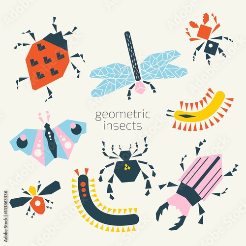 Set of vector insects. Simple geometric shapes, bright colors.