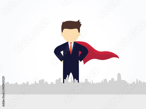 Superhero in traditional costume over big city. Vector illustration for business design and infographic.