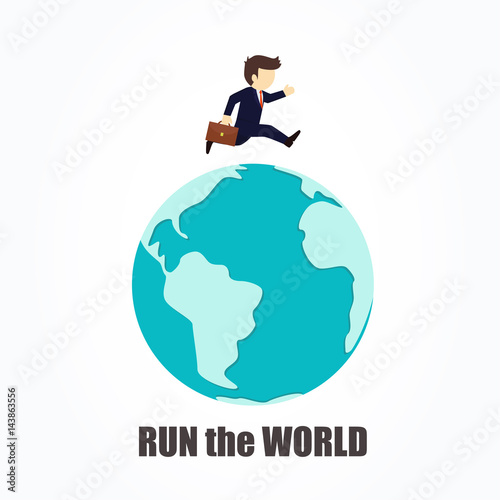 Business man run around the world. Vector flat cartoon illustration