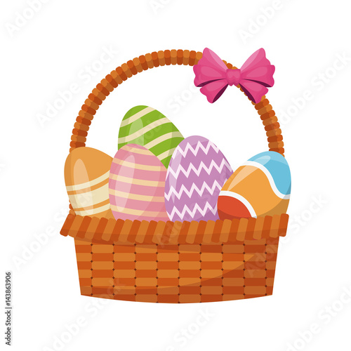 basket with colorful easter eggs over white background. vector illustration