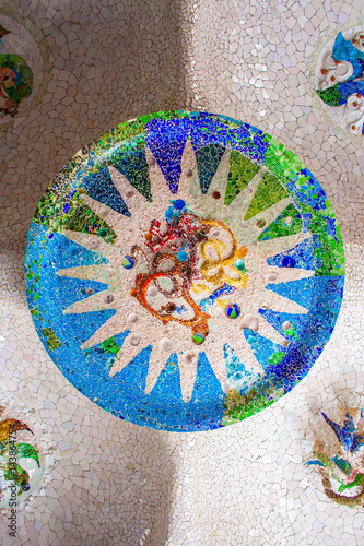 The mosaics in the Park güell. Antonio Gaudi, Barcelona. For a guide