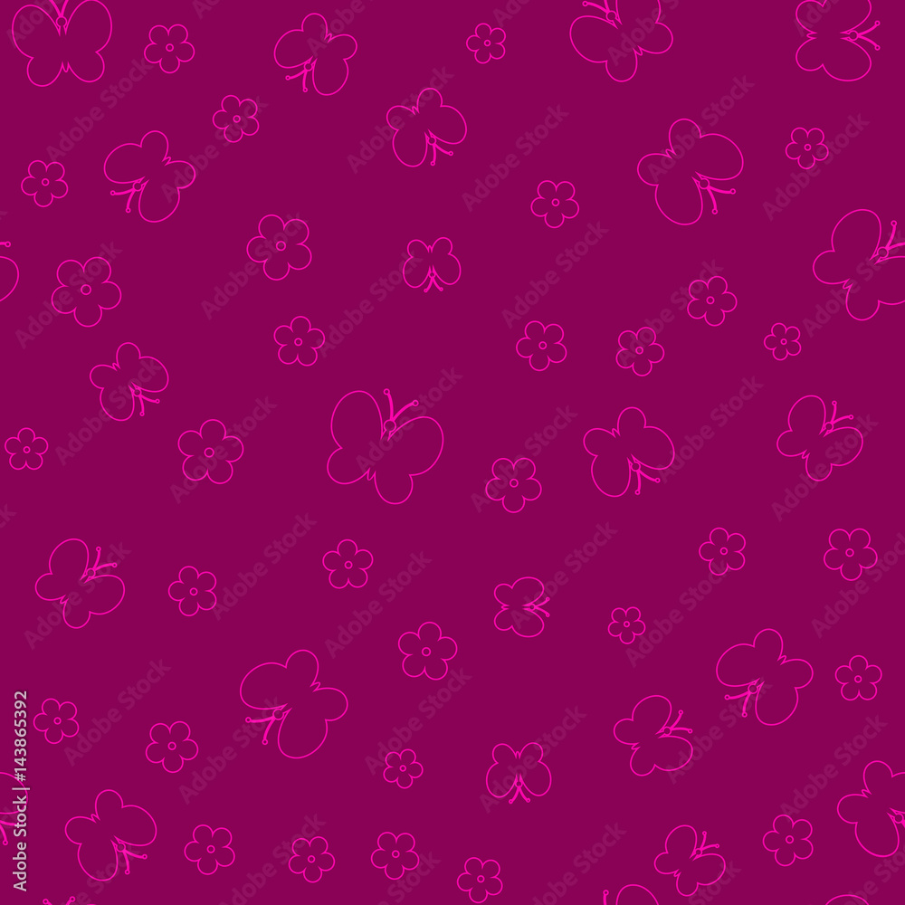 butterflies and flowers. simple violet background. vector seamless pattern