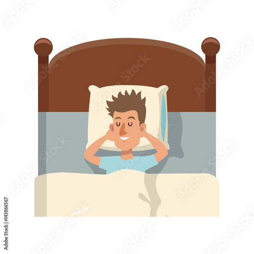 man slepping at the bed, cartoon icon over white background. colorful design. vector illustration