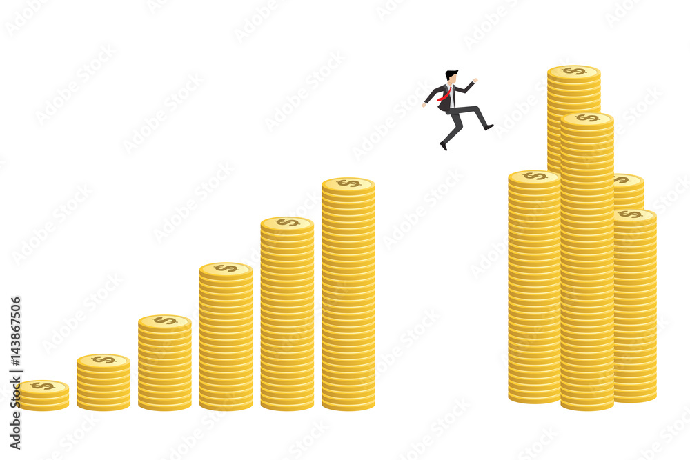 young businessman jump to increasing coin bar graph high risk high return young businessman jump to increasing coin bar graph high risk high return