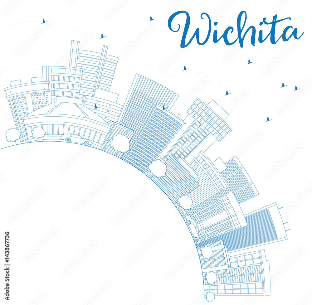 Outline Wichita Skyline with Blue Buildings and Copy Space.