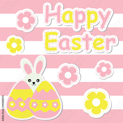Easter card with cute bunny girl, egg, and flowers on stripes background suitable for Easter postcard, wallpaper, and greeting card vector illustration