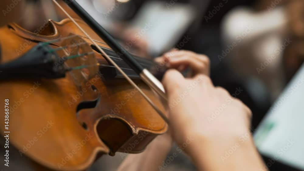 Women performs lead violin sole part playing at classical concert. Professional symphonic orchestra musicians at rehearsal, accompanying opera singer at theatre. Audience enjoying music, inner harmony Women performs lead violin sole part playing at classical concert. Professional symphonic orchestra musicians at rehearsal, accompanying opera singer at theatre. Audience enjoying music, inner harmony
