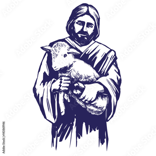 Jesus Christ, Son of God, holding a lamb in his hands, symbol of Christianity hand drawn vector illustration