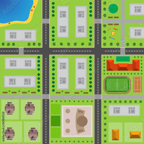 Plan Of City. Top view of the city with the road, crossroad, high-rise buildings, trees, shrubs, beach, playground, office building, concert hall, stadium, tennis court and private houses.
