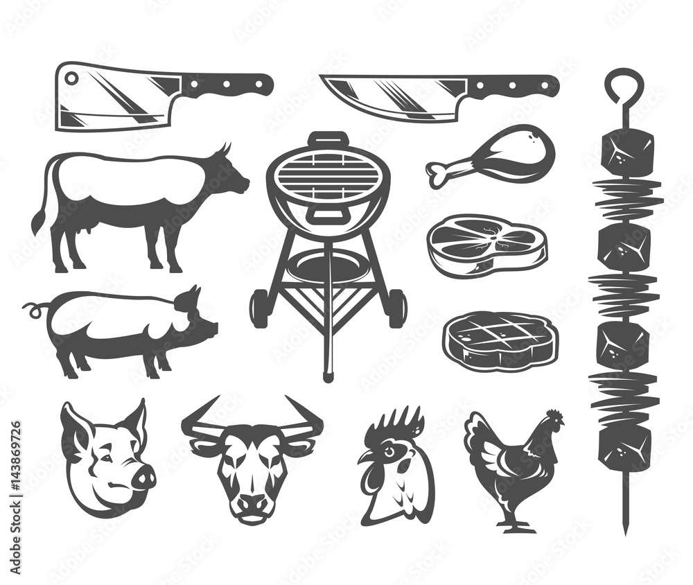 Set of vector black grill and barbecue icons isolated on white Stock ...