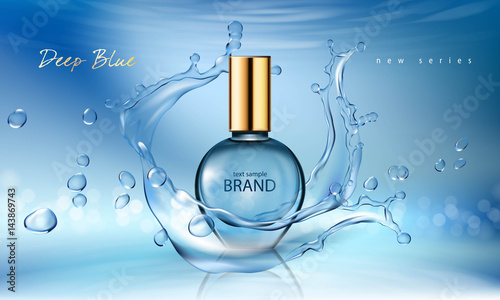 Vector illustration of a realistic style perfume in a glass bottle on a blue background with water splash. Great advertising poster for promoting a new fragrance