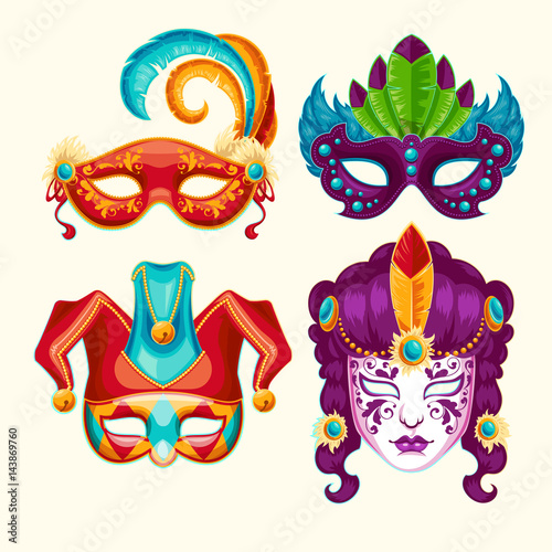Collection of cartoon illustrations of venetian painted carnival facial masks for a party decorated with feathers and rhinestones isolated on a light background