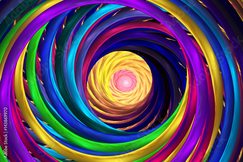 Abstract colorful rainbow fractal spiral. Fantasy design in yellow  pink  purple  blue and green colors. Digital art. 3D rendering.