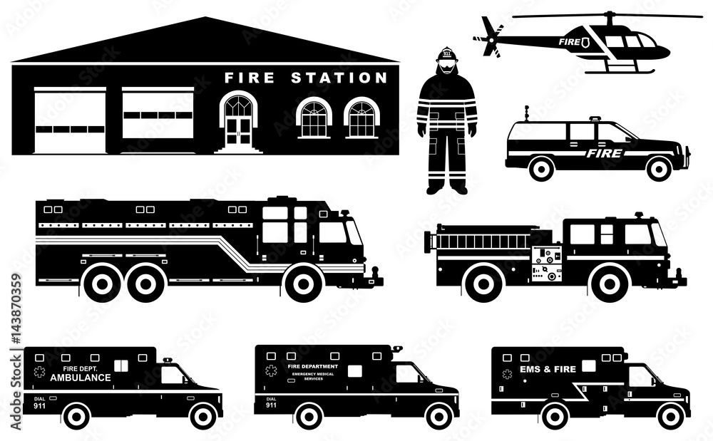 Obraz premium Fireman concept. Detailed illustration of firefighter, fire station building, firetruck and helicopter in flat style on white background. Vector illustration.