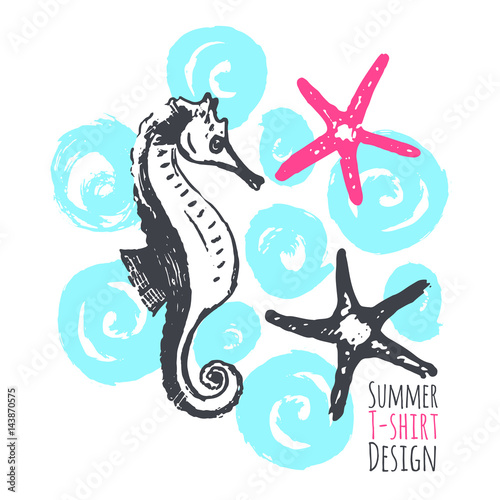 Summer T-shirt Design with Starfishes and Seahorse