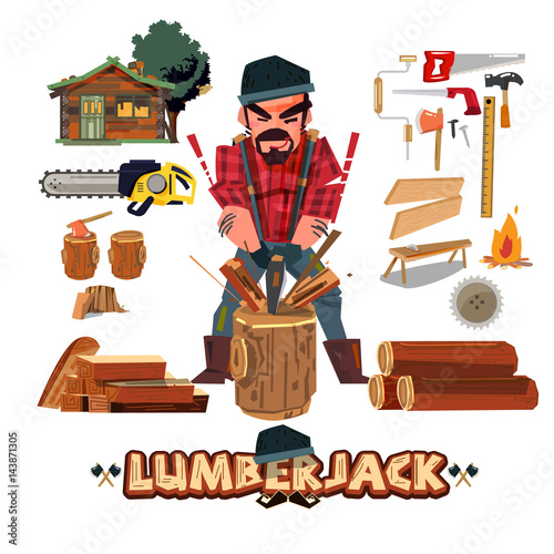 Lumberjack character design with tool set. lumberjack chopping wood with axe and come with typographic design. profession concept - vector