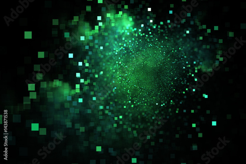 Abstract green square bokeh on black background. Fantasy fractal texture. Digital art. 3D rendering.