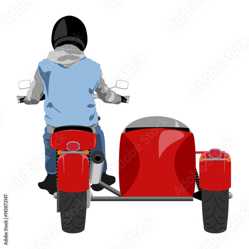 Color classic sidecar motorcycle with rider wearing sleeveless jeans jacket, hoodie, black leather gloves and helmet back view isolated on white vector illustration