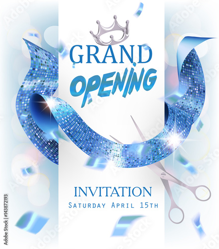 Grand Opening banner with  blue sparkling curly ribbon, scissors amd confetti. Vector illustration
