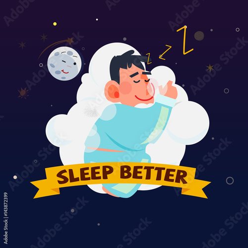 man or kid sleeping on a comfortable cloud bed. nice dream and sleep better concept - vector illustration