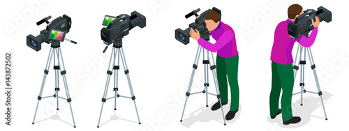Professional digital video camera and Cameraman. Flat 3d isometric illustration for infographics and design. Camcorders and Equipment.