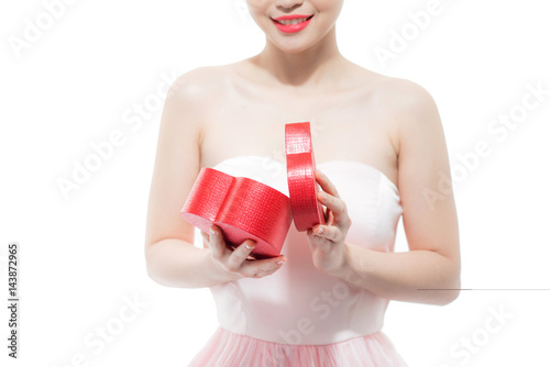 holidays, love and happiness concept - beautiful girl with gift box. Isolated on white background. Woman day