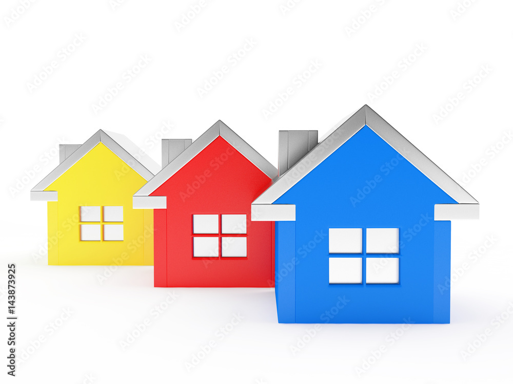 Three colorful houses icons  isolated on white background. 3D illustration