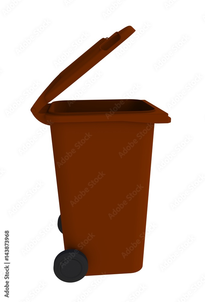 Beside view of brown garbage wheelie bin with a open lid on a white background, 3D rendering Beside view of brown garbage wheelie bin with a open lid on a white background, 3D rendering