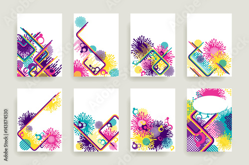 Set of bright creative retro style abstractions. Decorative designes for cover, brochure, card, poster, invitation, placard, flyer. Vector illustration.