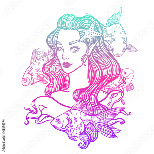 cute vector art card with little princess mermaid. Girl with starfish in hair and fish. linear tattoo illustration