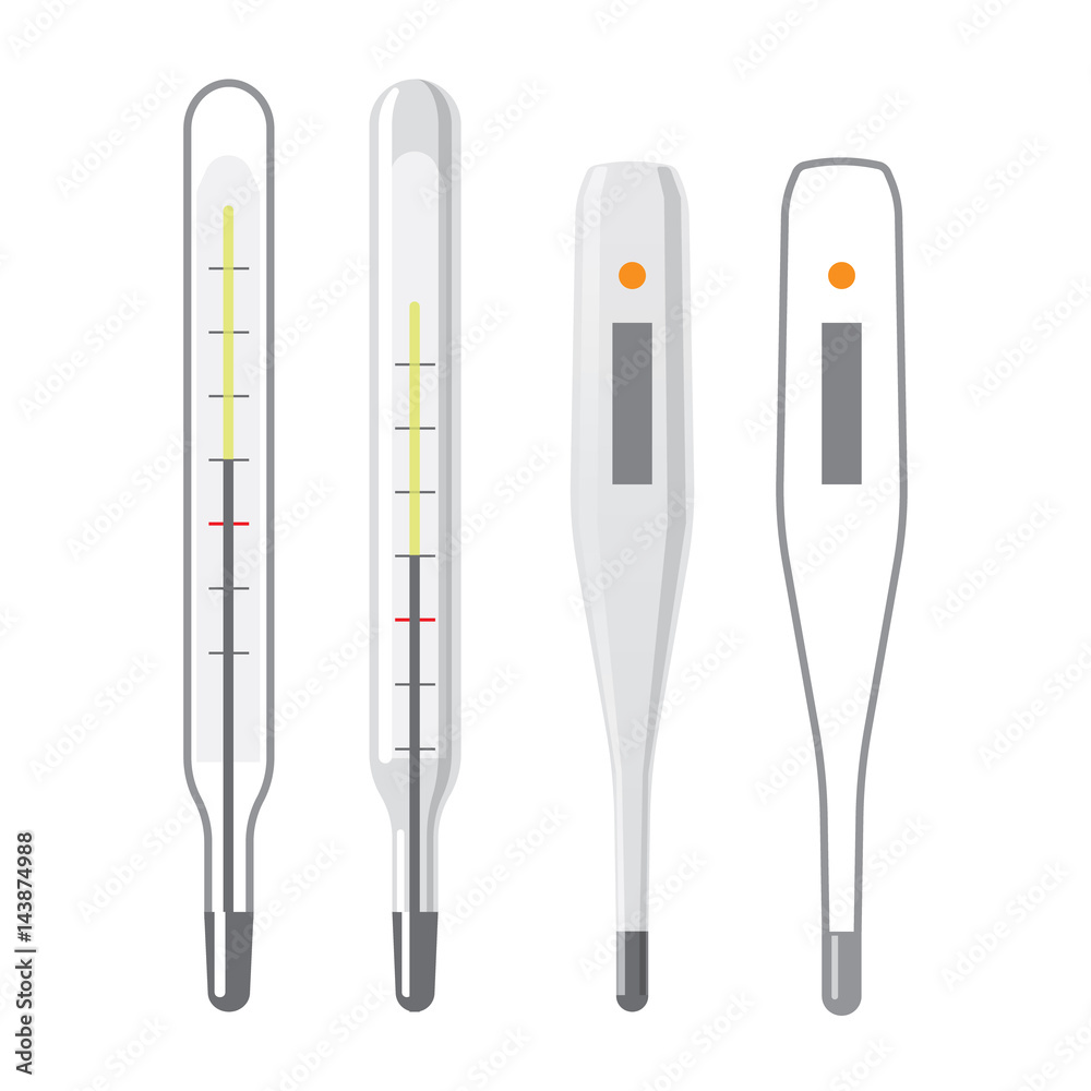 Medical device, thermometer mercury and electronic, flat illustration Medical device, thermometer mercury and electronic, flat illustration