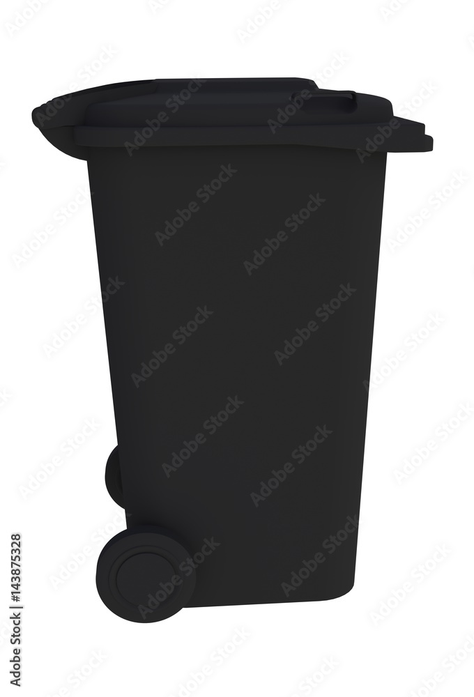 Beside view of black garbage wheelie bin with a closed lid on a white background, 3D rendering Beside view of black garbage wheelie bin with a closed lid on a white background, 3D rendering