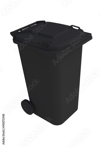 Isometric view of black garbage wheelie bin with a closed lid on a white background, 3D rendering