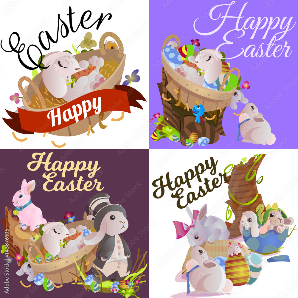 Fototapeta premium Set of easter chocolate egg hunt bunny basket on green grass decorated flowers, rabbit funny ears, happy spring season holiday tradition greeting card banner collection vector illustration background