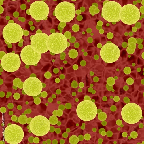 Dangerous yellow bacterias or virus spheres in light blood, start of epidemic , 3d illustration, © rdonar