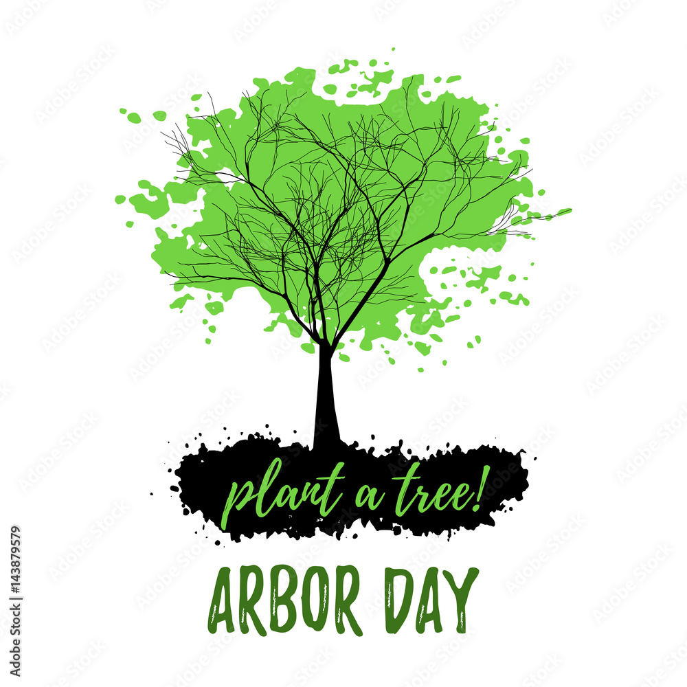 Obraz premium Abstract tree with green foliage in grunge style isolated on white background. Plant tree in Arbor day. Vector illustration