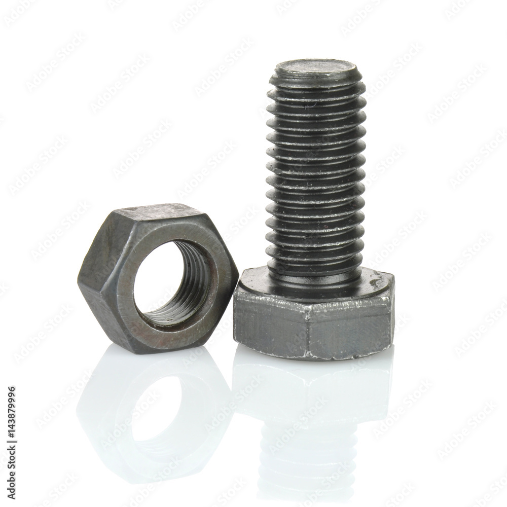 Metal bolt screw with nut on white background Metal bolt screw with nut on white background